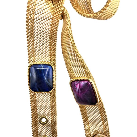 Unbranded Accessories - Vintage 1970s/80s Gold Mesh Statement Belt with Multicolor Poured Glass Cabochon